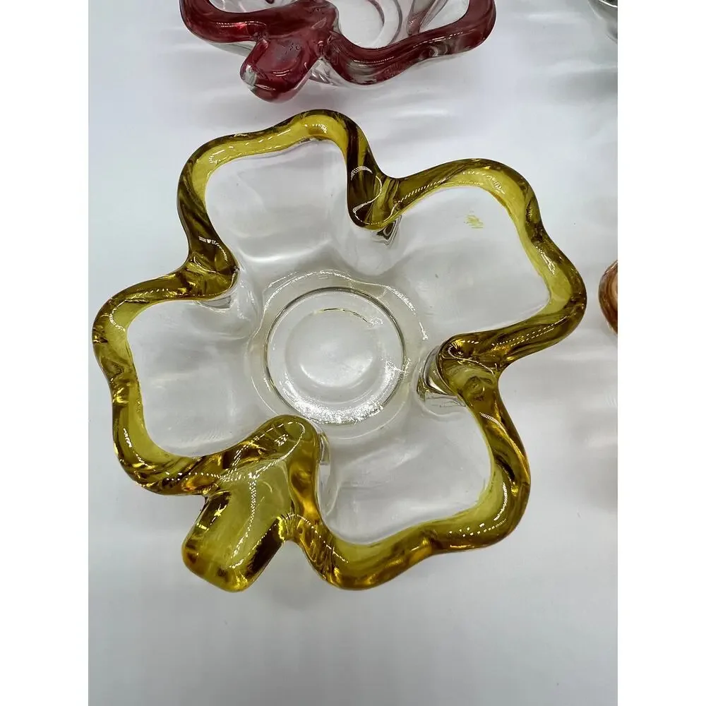 Vtg Set of 4 MCM Glass Four Leaf Clover Trinket Dish or Bridge Serveware Bowl